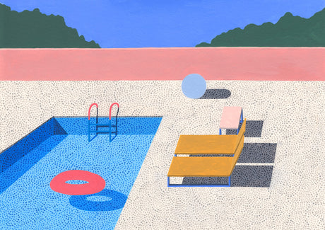 HOME 2: This is an illustration of a geometric swimming pool scene. The pool is surrounded by a white surface dotted with tiny black circles. A blue ball sits in the white surface with a shadow cast behind it. A pair of wooden loungers with blue supports are placed near the pool, casting long shadows. A pink inflatable ring sits in the pool next to a ladder. The scene is set against a blue sky with a pink wall and green hills in the background.