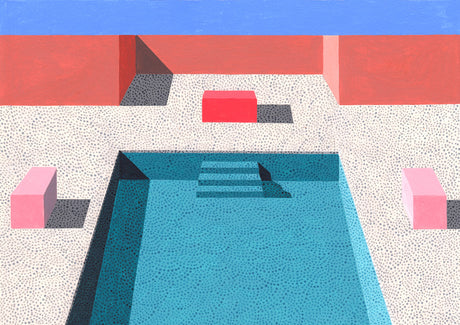 HOME 3: This artwork depicts a minimalist pool scene, with a blue pool in the center of the frame. The pool is surrounded by white, dotted tiles and features a black shadow, stairs, and a black border. There are three pink blocks in the composition, two at the bottom and one in the upper center. Above the pink block, a red block sits atop a wall with a red and blue sky. The scene is set in a geometric space, with simple shapes and clean lines.