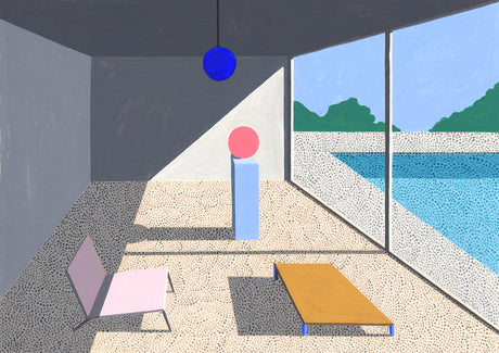 HOME 4: This is a digital painting depicting a modern interior design with a view of a swimming pool. The room is sparsely furnished, with a single chair and a table, and features a large window overlooking the pool. The image is rendered in a minimalist style, with geometric shapes and muted colors. The sun is shining through the window, casting a long shadow across the floor.