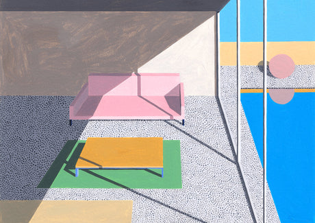 HOME 5: An abstract painting of a modern patio space. The image depicts a pink sofa and a yellow table on a patio with a tiled floor and a view of a pool through a large window. The painting is characterized by geometric shapes and bright colors.