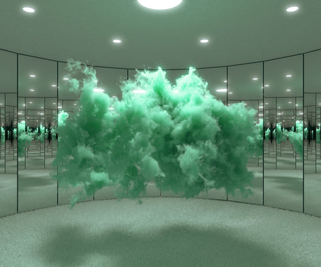 CONTEMPLATIVE CLOUD MINT: A large green cloud formation floats in the center of a circular room filled with mirrors. The room appears to extend endlessly, creating a sense of infinite space and depth. The cloud is the only source of color and texture in the otherwise minimalist setting.