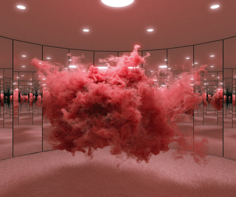 CONTEMPLATIVE CLOUD PINK: A pink smoke cloud floats in the center of a mirrored room, creating a surreal and abstract installation. The smoke appears to be suspended in mid-air, reflecting off the surrounding mirrors, creating a sense of depth and dimension. The room is bathed in soft, ambient light, further enhancing the ethereal nature of the scene.