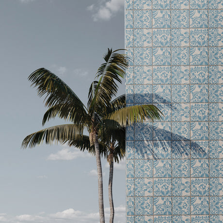 SINGLE PALM 2: Two palm trees stand against a wall of blue and white tile. The trees cast shadows on the wall, creating a pattern that complements the existing tile design.