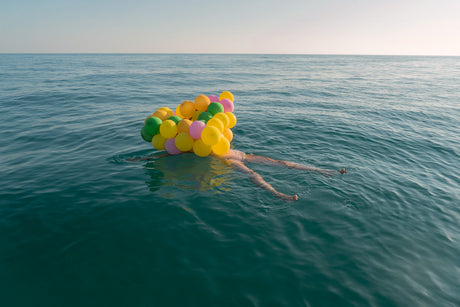 BALLOON: The image shows a person floating in the ocean with a bunch of balloons attached to their body. They are lying on their back with their legs stretched out and arms by their sides. The water is a beautiful turquoise color, and the sky is a clear blue. The person appears to be enjoying the sun and the water.