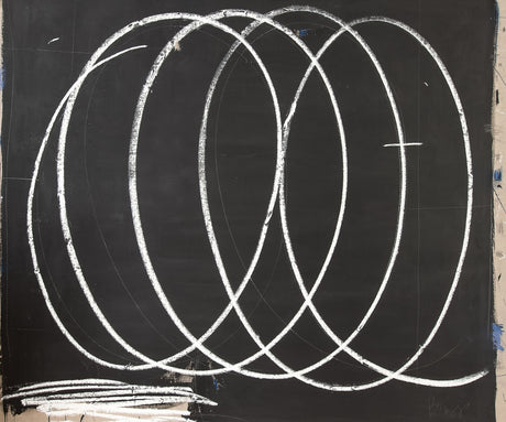 BLACK WITH LARGE WHITE SWIRLS: This abstract art piece features a series of white chalk lines drawn on a black background. The lines are curved and create a sense of movement and flow. The piece is simple yet striking, and the stark contrast between the white and black creates a powerful visual impact.