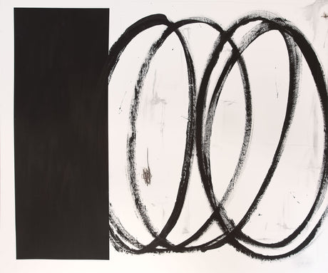 BLACK SQUARE WITH SWIRLS: This is a black and white abstract painting. The background is white with several large black swirls in the center, and a black rectangle in the left corner of the painting. The swirls are painted with thick, bold strokes. The overall effect is modern and minimalist.