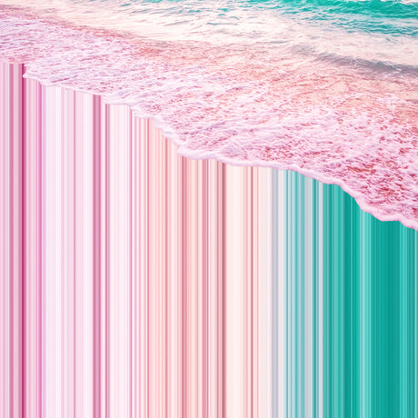 CANDY WAVE: A digital art piece showcasing a stylised depiction of ocean waves with foamy crests against a backdrop of pink and green stripes. The image has a dreamy, abstract quality and evokes a sense of tranquility and motion.