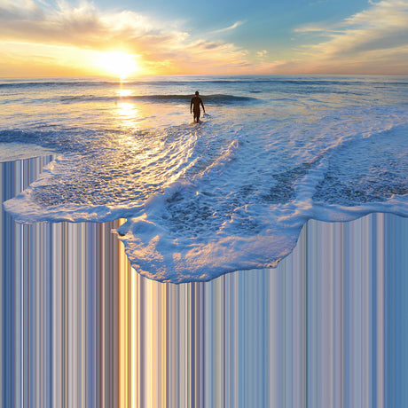 FOAM: A single, silhouetted figure walks towards the setting sun on a peaceful ocean beach. The waves gently lap at the shore, creating a tranquil scene. The sky is a vibrant mix of pink and orange hues, while the water reflects the warm glow of the sun.