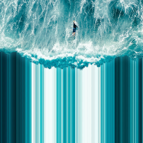 KEEP SWIMMING: An aerial view of a lone surfer riding a large wave. The photo is edited to look like the wave is above a background of abstract vertical stripes.