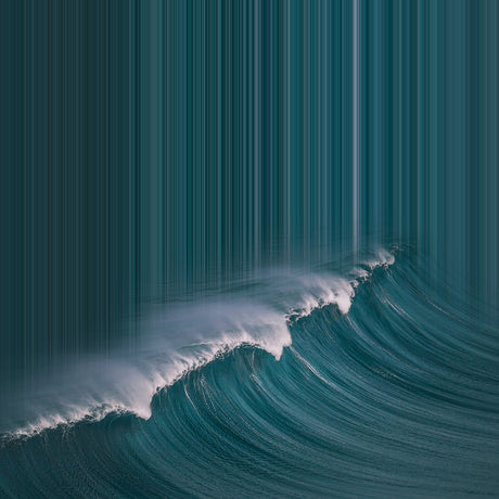 MAKING WAVES: This image features an abstract depiction of a large ocean wave breaking with a digital art effect of vertical lines in the background. The deep teal colors and the abstract design create a mesmerizing and surreal atmosphere.