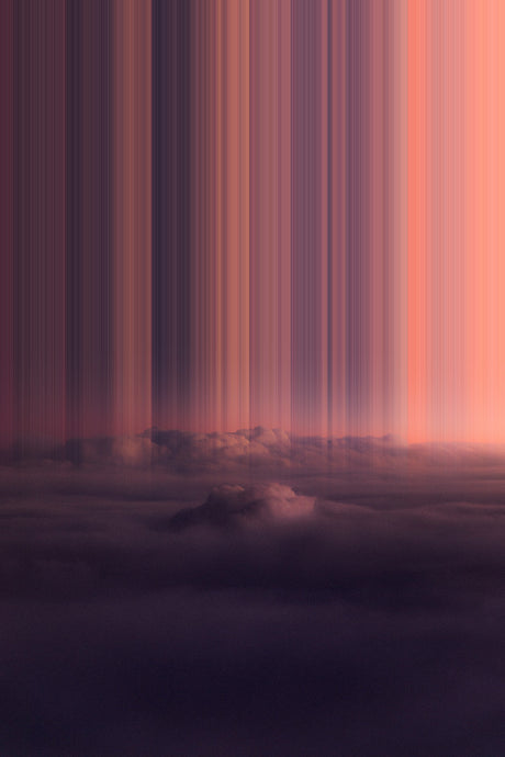 PURPLE HAZE: A digital abstract art piece featuring a field of vertical lines in a gradient of purple, pink, and orange hues. The lines are slightly blurred, creating a sense of motion and depth. The bottom of the image shows a dark, hazy foreground.