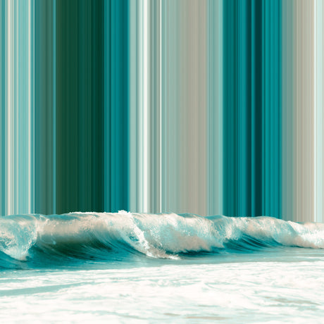 WAVE: An abstract image with vertical stripes in shades of green, blue, and gray. In the foreground, several ocean waves are crashing and creating foam.