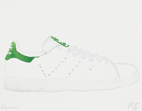 STAN SMITH: This image showcases a detailed watercolor painting of a classic white sneaker with green accents. The painting captures the intricate details of the shoe, including the stitching, laces, and iconic design. The white background allows the colors of the sneaker to stand out, creating a clean and minimalist aesthetic.