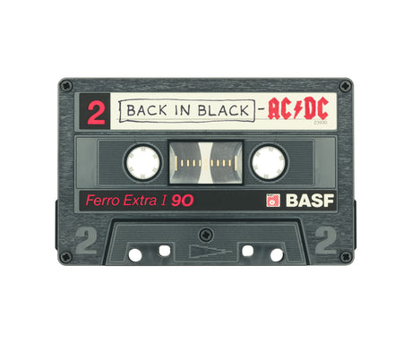 BACK IN BLACK: A close-up image of a vintage cassette tape labeled AC/DC Back In Black with a BASF Ferro Extra I 90 label. The tape is in good condition and the label is clearly visible. The background is white, allowing the cassette to stand out.