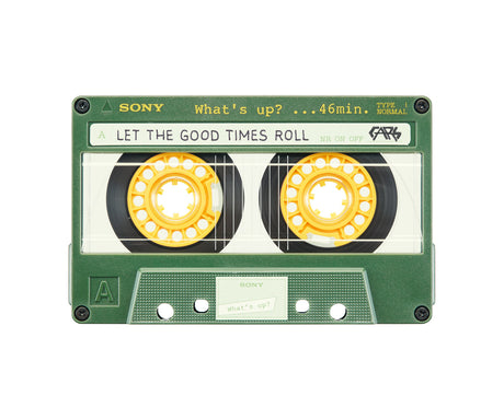 LET THE GOOD TIMES ROLL: A close-up image of a green Sony cassette tape with the title Let The Good Times Roll on the label. The cassette is labeled with the phrase Whats up? ... 46min. and the tape is visible through the clear plastic windows.