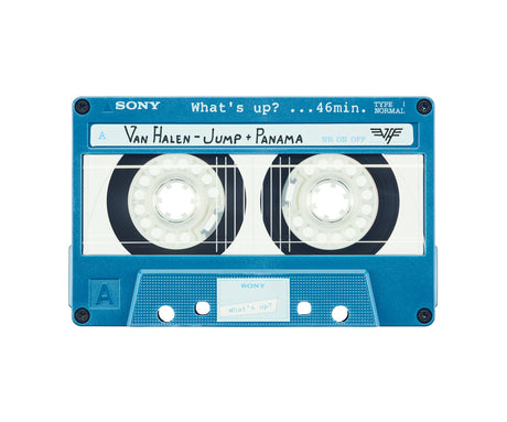 VAN HALEN: A close-up image of a blue Sony cassette tape with the title Van Halen - Jump + Panama written in black marker. The cassette tape is labeled Whats up?... 46min. and is in the Type I Normal format.