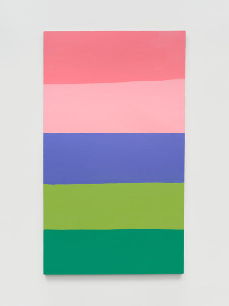 ROYAL RACEWAY (80 x 56): A contemporary abstract painting featuring a series of horizontal stripes in shades of green, blue, pink, and red. The painting is executed in a flat, minimalist style, creating a sense of harmony and balance. The use of vibrant colors adds a sense of energy and dynamism to the composition.