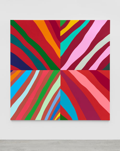 BULLY (80 x 80): An abstract painting featuring a grid of six colorful squares. Each square is filled with curved, diagonal stripes in various shades of red, blue, green, yellow, pink, and white. The stripes create a sense of movement and energy within the painting.