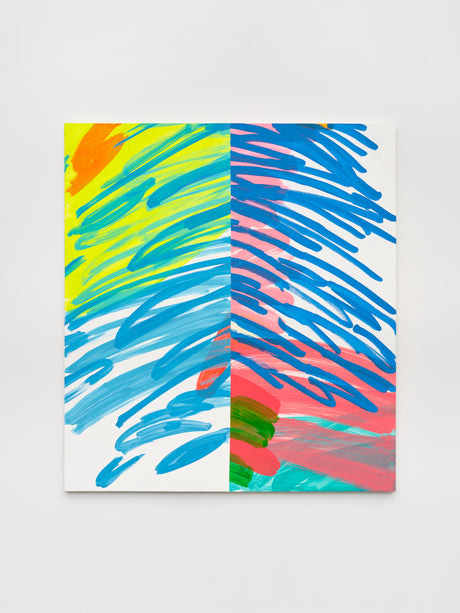 KIKI (80 x 72): This is a close-up image of an abstract painting with bright colors and bold strokes. It features blue and yellow lines that create a flowing effect, along with orange and pink splashes that add pops of color. The painting is abstract, with no defined shapes or objects, leaving it open to interpretation.