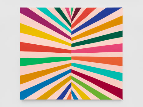 UNTITLED (72 x 80): This image is an abstract painting featuring a series of colorful stripes radiating outwards from the center of the canvas. The stripes are various widths and colors, including red, orange, yellow, green, blue, purple, and pink. The background of the painting is a light pink color.