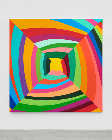 VAULT (80 x 80): The image features a large, colorful abstract painting in a contemporary gallery setting. The painting is dominated by a series of curved, concentric lines in various shades of red, orange, yellow, green, blue, and purple. The lines create a sense of depth and movement, as if they are spiraling inwards. The background is a plain white wall, which highlights the vibrant colors of the artwork.