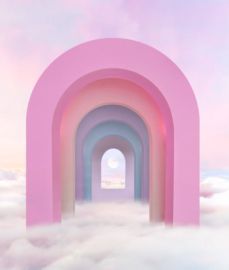 MOONLIGHT: A vibrant pastel rainbow archway stands proudly in a dreamy cloudscape. The archway, comprised of multiple arches in varying shades of pink, orange, blue, and lavender, creates an ethereal and inviting passage. The background showcases a soft, ethereal sky, adding to the overall magical and whimsical ambiance.