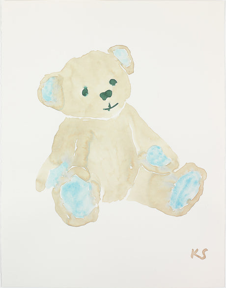 TEDDY: This is a watercolor painting of a teddy bear sitting on a white background. The teddy bear is beige with blue feet and a green nose. The artists initials are signed in the bottom right corner.