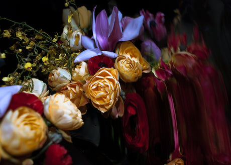 LIQUID MIRRORS 9: A close-up photograph of a bouquet of colorful flowers in low light. The bouquet features a light purple magnolia flower, bright yellow and cream roses, and dark red roses. The flowers are arranged in a loose, natural style.