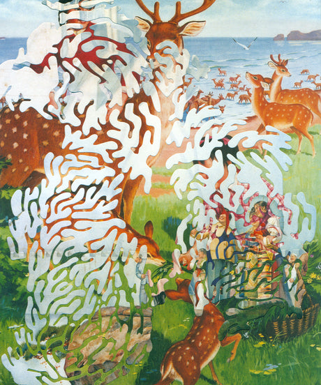 SIMPLICITY OF COMPLEXITY DEERS: This abstract collage features a group of people, likely a family, enjoying a picnic among a herd of deer. The scene appears to be set near the coast, as a body of water and distant islands are visible in the background. The composition is further enhanced by a layer of abstract, white, flowing shapes layered over the image.