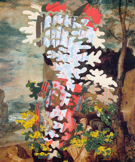 VELAZQUEZ HACKED 2: This abstract collage features two figures partially hidden by a pattern of overlapping, organic shapes in shades of white, green, and red. The figures appear to be standing in a landscape with yellow flowers and trees. The collage has a vintage, almost painterly feel.