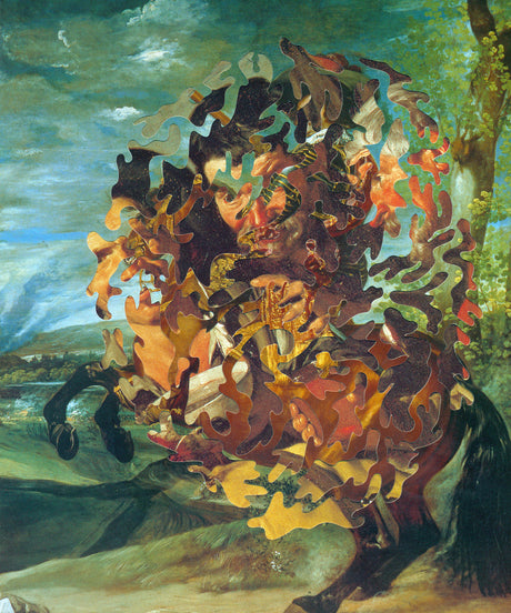 VELAZQUEZ HACKED 9: This digital collage artwork features an abstract depiction of a man riding a horse. The artwork is constructed using a variety of organic shapes and colors, giving it a unique and dynamic appearance. The background is a landscape setting, featuring hills, trees, and a cloudy sky.