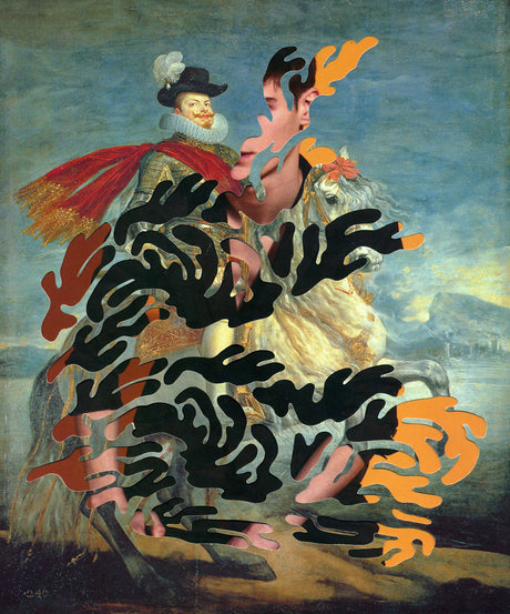 VELAZQUEZ HACKED O2: This abstract collage features a man on horseback with a figure of a man in armor in the background. The entire image is constructed of black, orange, and brown abstract shapes, with the main figures rendered in a fragmented style.