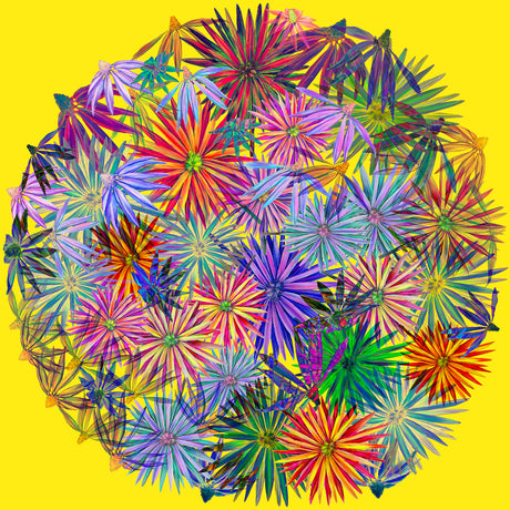 LOOK UP CONEFLOWER: A vibrant abstract image featuring a circle of multi-colored flowers on a bright yellow background. The flowers are rendered in a semi-realistic style with overlapping petals and a variety of hues. The backgrounds vivid yellow creates a stark contrast against the flowers, resulting in a visually striking composition.