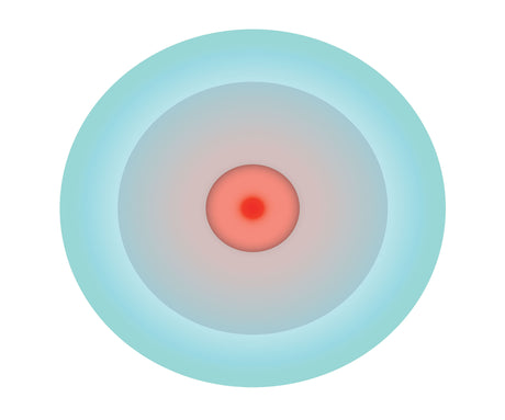 TURQUOISE CIRCLE: This diagram depicts the structure of an atom, showing a central nucleus surrounded by three concentric electron shells. The nucleus is depicted in red, while the shells are represented in shades of blue. This illustration serves as a simple visual representation of atomic structure.