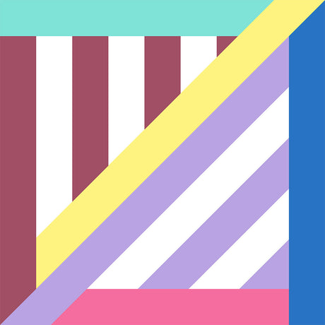 MARTINI TIME: This image shows an abstract geometric pattern with various colored stripes. The background includes a light blue stripe at the top and a pink stripe at the bottom. The main pattern is made up of red and white vertical stripes, yellow and purple diagonal stripes, and a solid blue stripe on the right side.