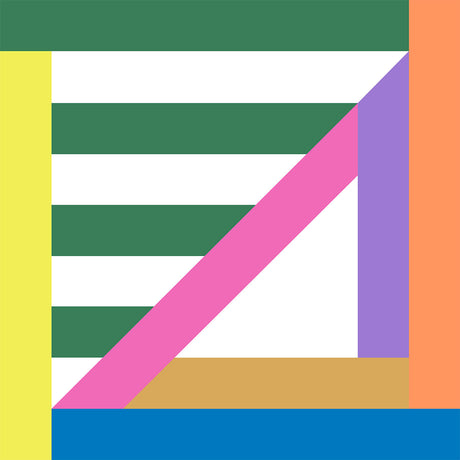 PALM SUITE: This image features an abstract geometric pattern with green, white, and pink stripes. The design includes a diagonal pink line intersecting a green stripe, creating a visual contrast. There are also vertical lines in yellow, purple, orange, and tan, adding more dimension to the abstract composition.