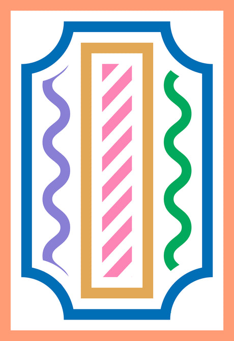 THE DUDE: This image features an abstract geometric pattern with wavy lines and a striped rectangle. The pattern is composed of various colors, including blue, green, purple, pink, and gold. The background is a pale orange color.