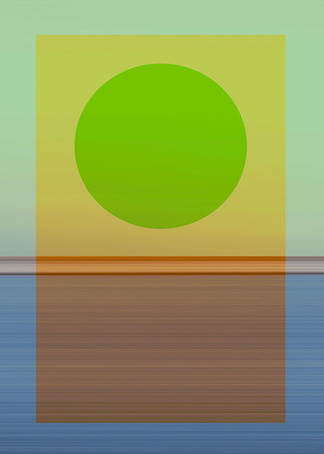 ABSTRACTION 16: An abstract image featuring a large green circle on a pale yellow wall, with a brown floor and a blue base. The image has a simple, minimalist aesthetic.