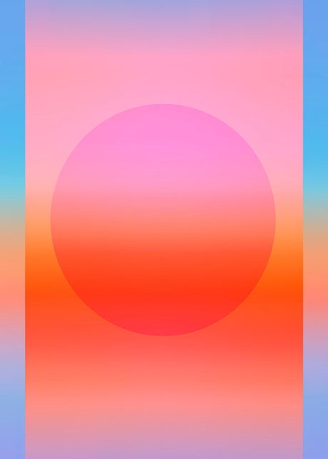 ABSTRACTION 18: A digital illustration of a colorful sunset with a gradient circle in the center. The background is a blend of blues, pinks, and oranges, creating a dreamy and abstract feel.