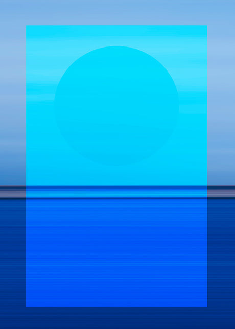 ABSTRACTION 9: A digital art piece depicting an abstract blue sunset over a body of water. The sun is a large, round, bright blue orb, partially obscured by the horizon. The water reflects the sky, creating a mirrored image of the sunset.