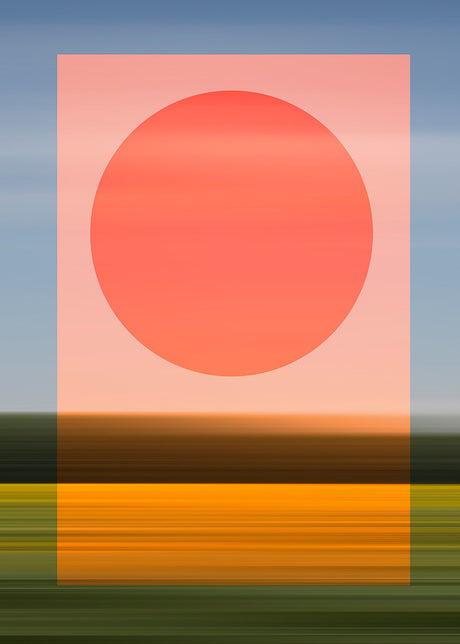 ABSTRACTION: A digitally created image of a sunset. The sky is a soft blue with a pink rectangle at the top, centered over a large orange circle. The bottom half of the image is a blur of an orange and green field.