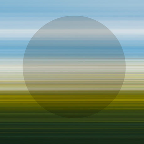 CIRCLE SHADE: The image is an abstract landscape featuring a circular blur effect, creating a sense of motion and depth. The background is a blue sky with horizontal lines, transitioning to white and then yellow, while the foreground is a green field. The circles blur effect obscures the background, creating a sense of mystery.