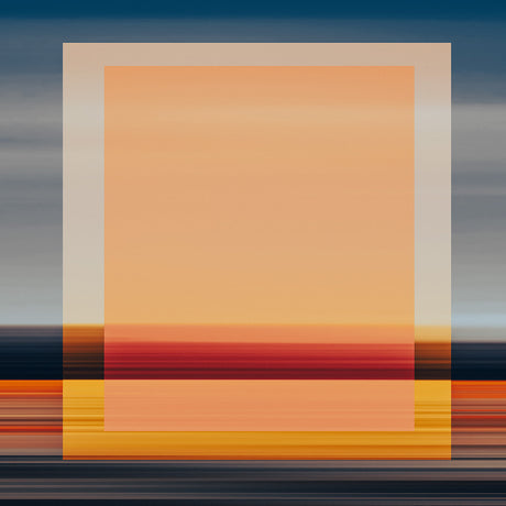 IMAGINARY LANDSCAPE  1: This is a digital abstract art image featuring an orange and yellow geometric shape with blurred horizontal stripes in red, orange, yellow, and black. The image is simple yet visually captivating, and the geometric shapes add a touch of modernism to the overall aesthetic.