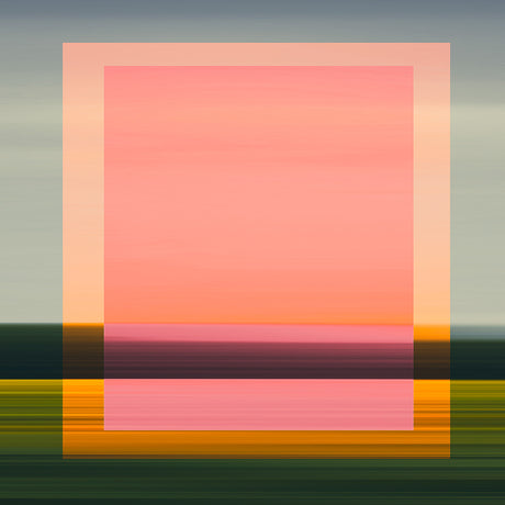 IMAGINARY LANDSCAPE  3: An abstract photograph of a sunset, featuring a pink sky framed by a square of light pink. The image is composed of horizontal stripes in various shades of green, orange, and pink. The overall effect is a soft, dreamy, and peaceful feeling.