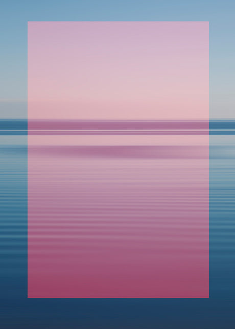 IN FRAME 2: A photograph of a calm body of water with a soft, pink and blue sky reflecting on its surface. The water is still and undisturbed, creating a mirror-like effect. The colors of the sunset are reflected in the water, creating a peaceful and serene scene.