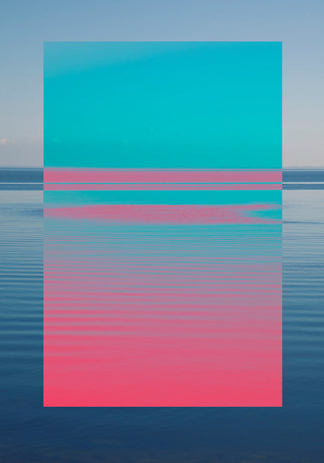 IN FRAME 3: An abstract digital art image featuring a pink and blue sunset over a still lake. The image is composed of a vertical rectangle with a gradient of pink and blue hues, set against a background of a dark blue lake. The surface of the water is calm and reflects the colors of the sky.