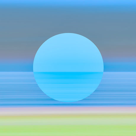 OBJECT 1: A digital illustration of a sunset over the ocean, rendered in abstract, blurred lines. The sun is depicted as a large blue circle, with a thin horizon line cutting through its center. The colors are soft and muted, giving a sense of calm and tranquility.