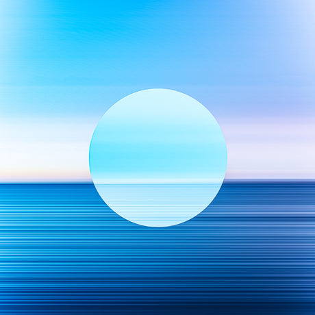 OBJECT 2: A digitally-created image of a bright blue circle floating over a blue ocean horizon. The sky is a gradient of light blue and white, and the ocean is represented by a series of horizontal blue stripes.