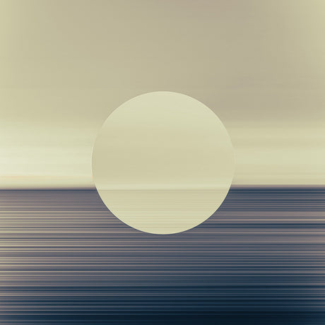 OBJECT 3: An abstract image with a circular shape overlaying a blurred water horizon. The circle is partially submerged in the water, creating a sense of depth and mystery. The background is a soft, muted color.