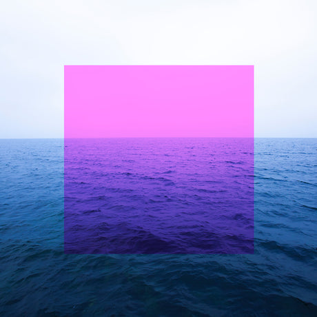 PINK SQUARE AND SEA: A photograph of blue ocean water with a pink rectangle overlaying a portion of the image. The rectangle is centered in the frame and extends beyond the horizon line. The image creates a sense of depth and contrast, with the pink overlaying the blue water in a minimalist aesthetic.